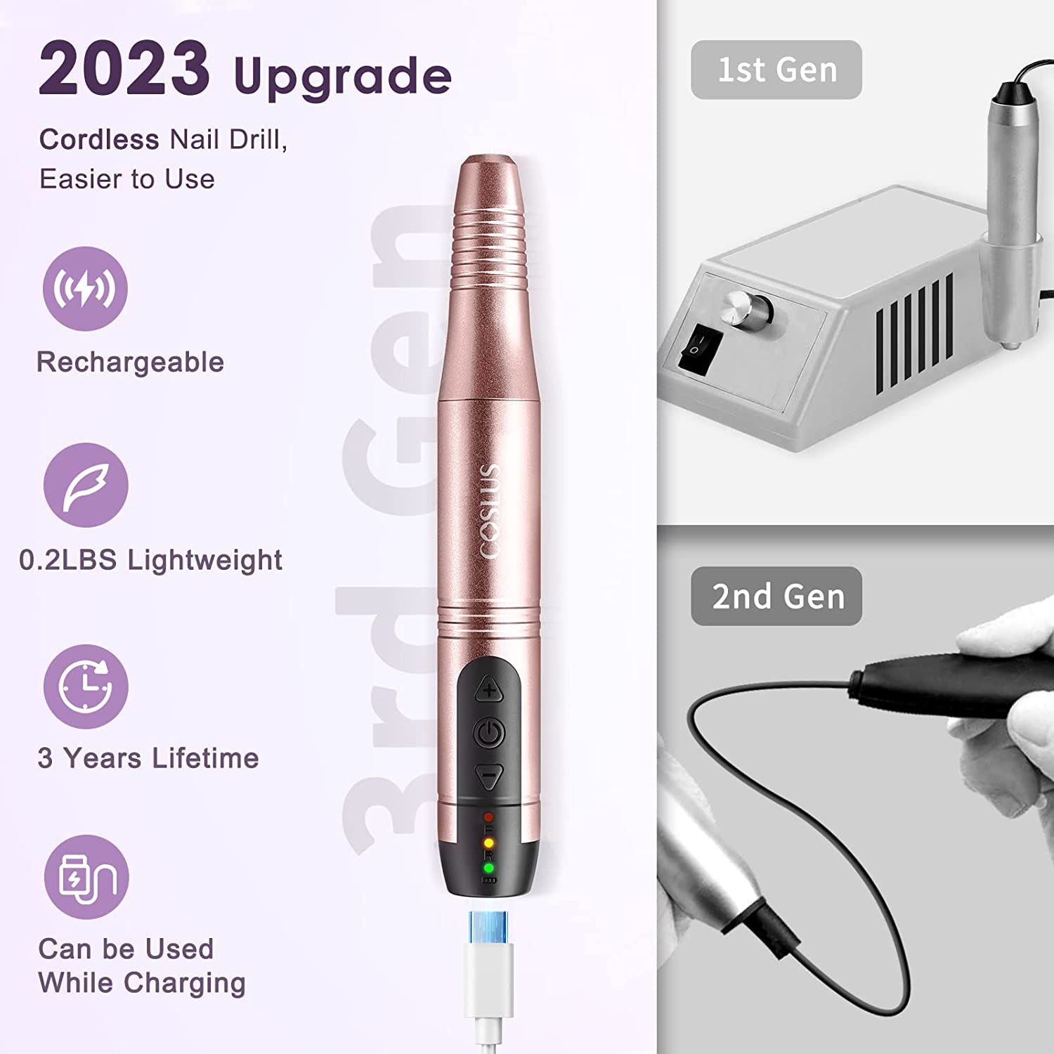 COSLUS Cordless Nail Drill Electric File: Professional for Acrylic Gel Dip Powder Nails Portable Nail Drill Machine Kit for Manicure Pedicure Nail Dremel Set with Everything Rechargeable Lightweight - Image 2